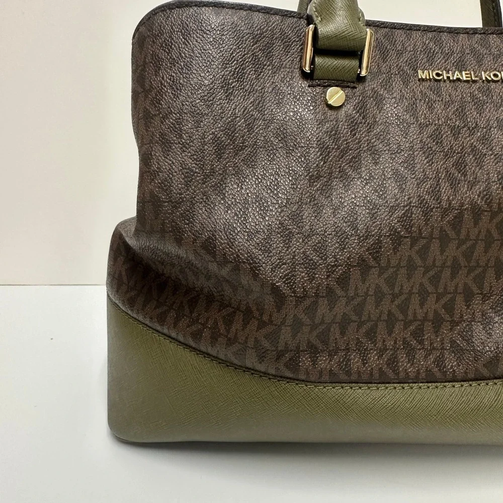 Michael Kors Signature Logo Satchel Brown Olive Green Two Tone Handbag Gold HW